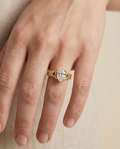 Janis Select Vintage Solitaire Pear Lab Diamond Engagement Ring in 18K Yellow Gold, shown on hand | RockHer