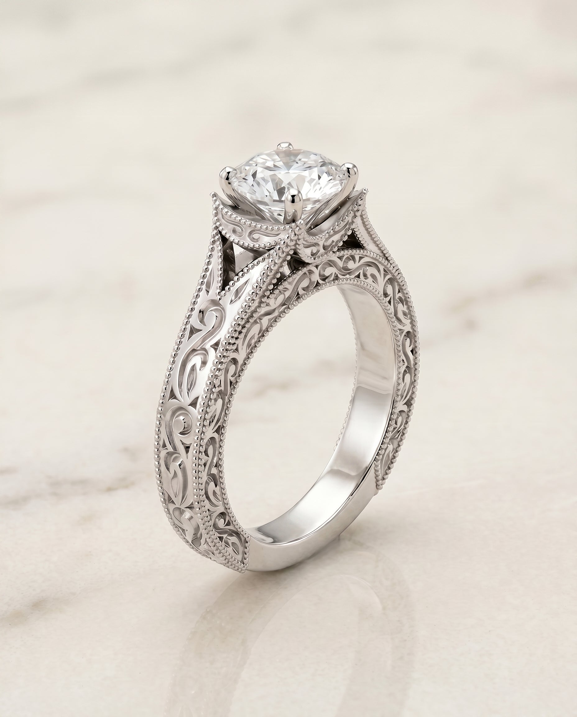 Hand Engraved Milgrain Vintage Solitaire styling on The Janis round engagement ring setting | RockHer