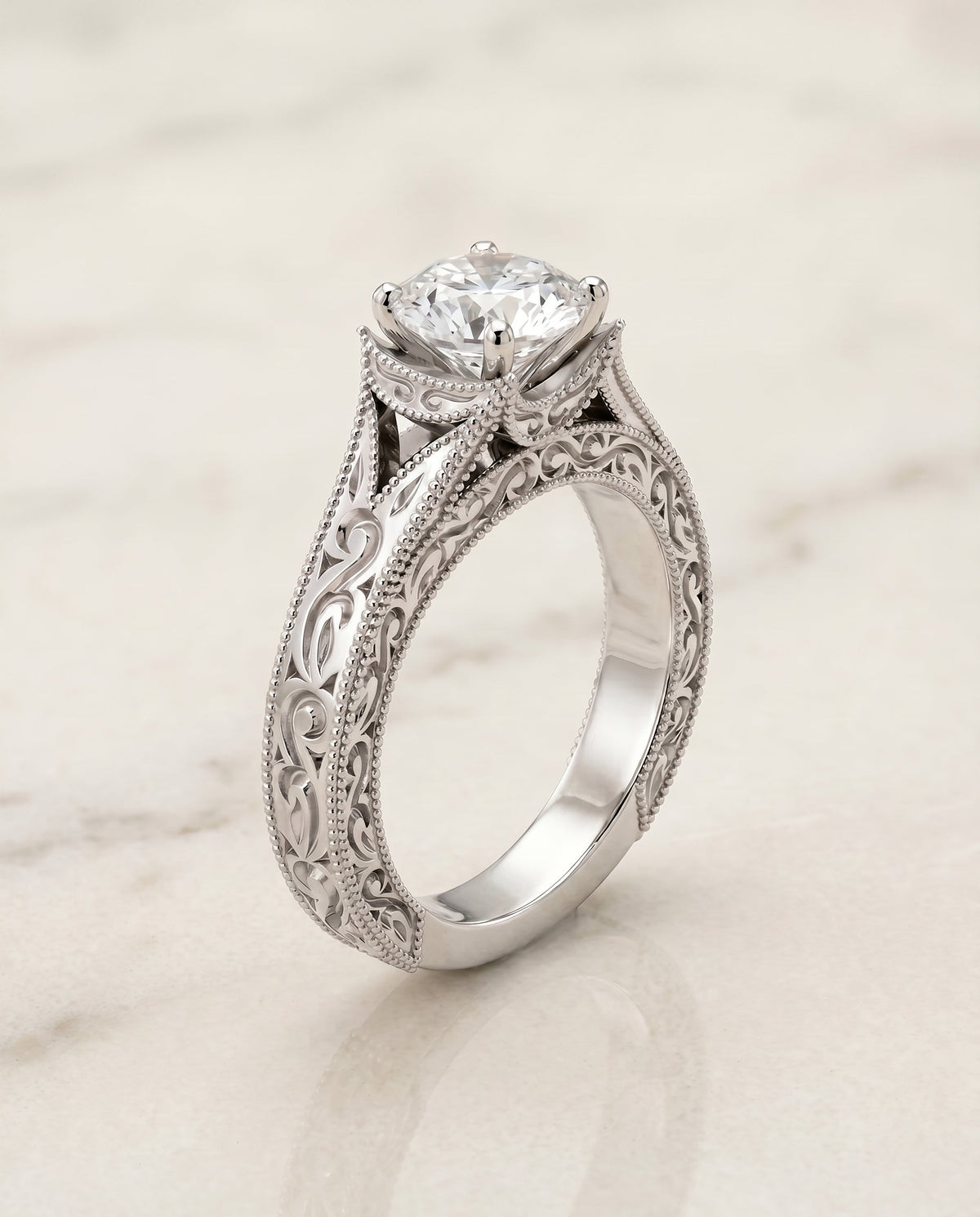 Janis Select Vintage Solitaire Round Lab Diamond Engagement Ring in 18K White Gold, front view | RockHer
