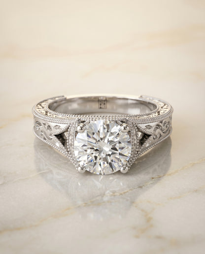 The Janis Hand Engraved Milgrain Vintage Solitaire Round Engagement Ring Setting in Platinum