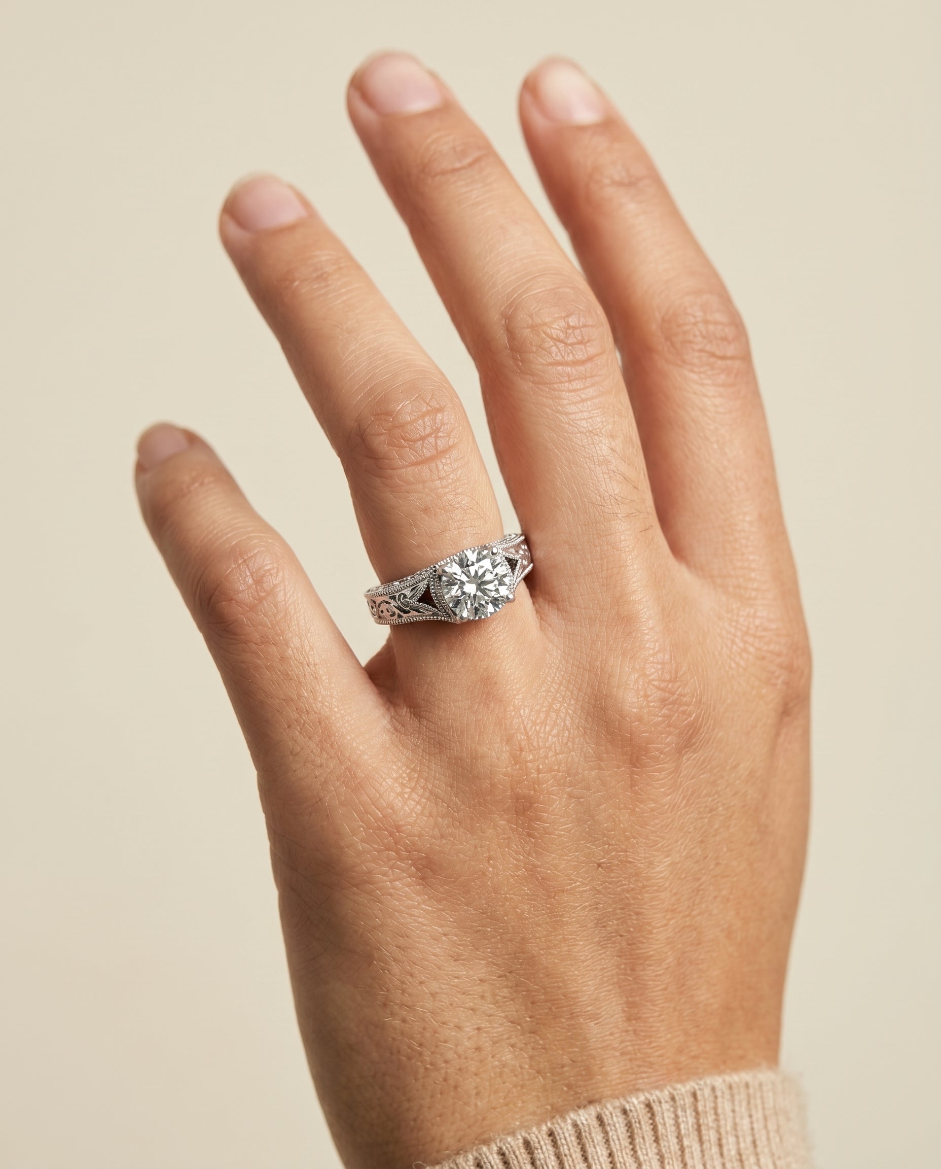 The Janis engagement ring setting in Platinum, hand engraved milgrain vintage solitaire design | RockHer