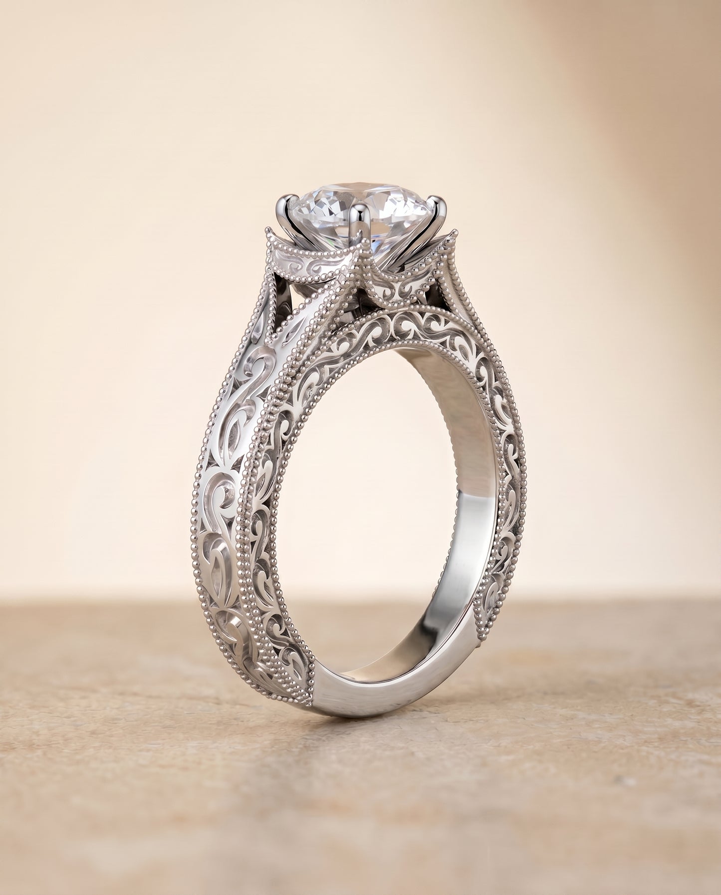 The Janis Vintage Solitaire Engagement Ring Setting for Round Diamonds in 18K White Gold