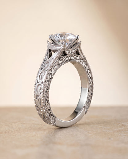 The Janis Hand Engraved Milgrain Vintage Solitaire Round Engagement Ring Setting in Platinum