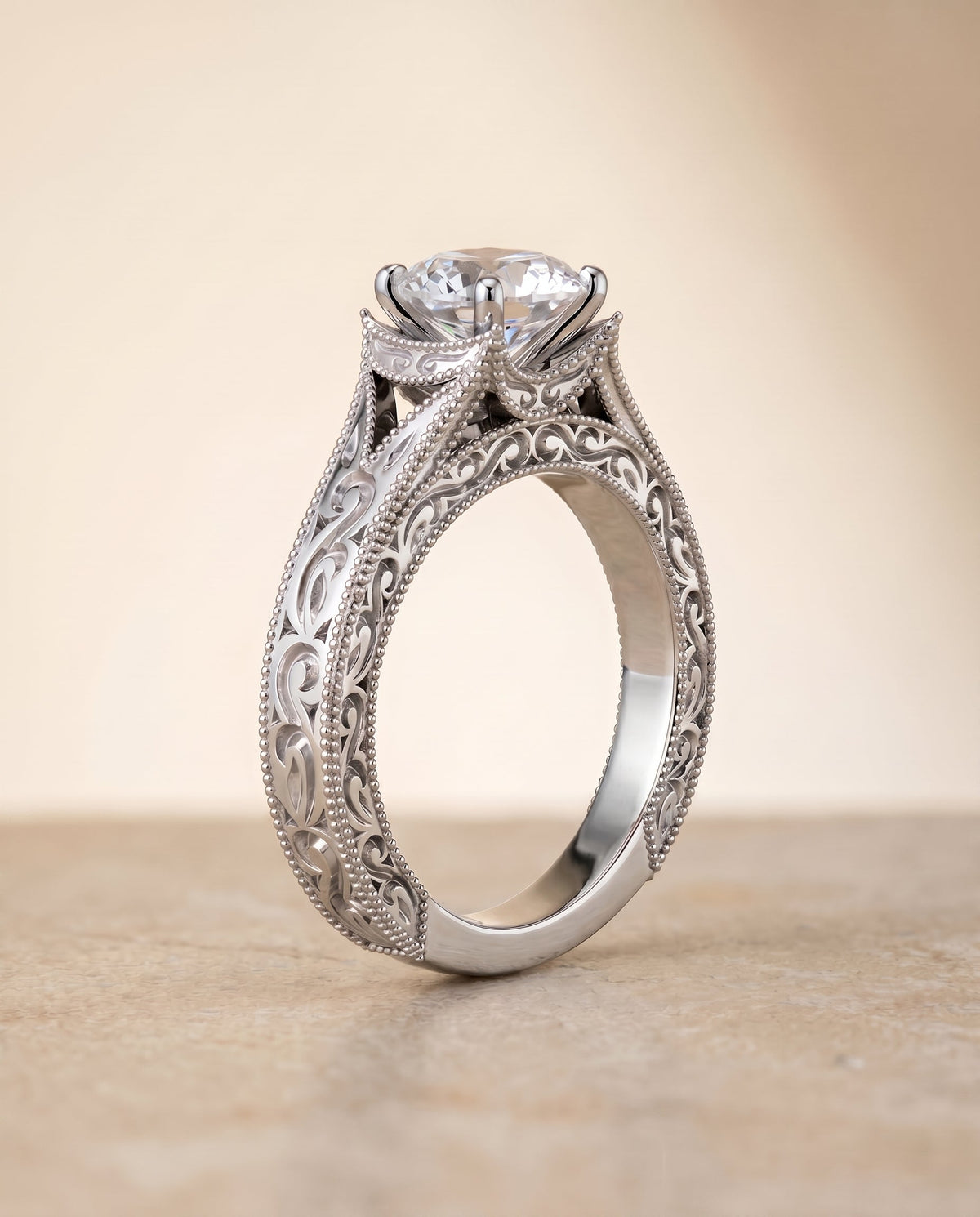 Janis Select Vintage Solitaire Round Lab Diamond Engagement Ring in Platinum, side view | RockHer