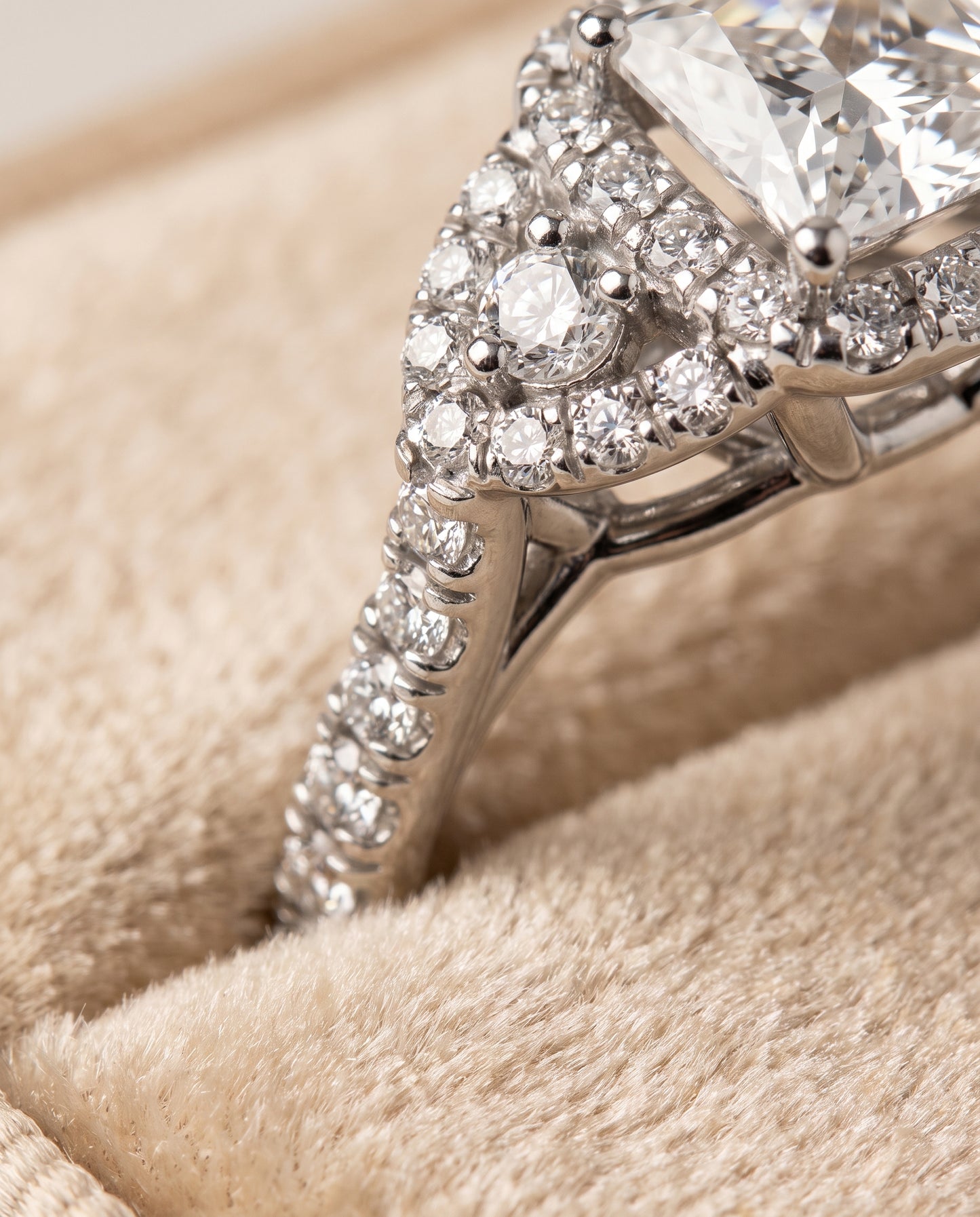 The Jennifer Delicate Three Stone Halo Princess Cut Engagement Ring Setting in Platinum
