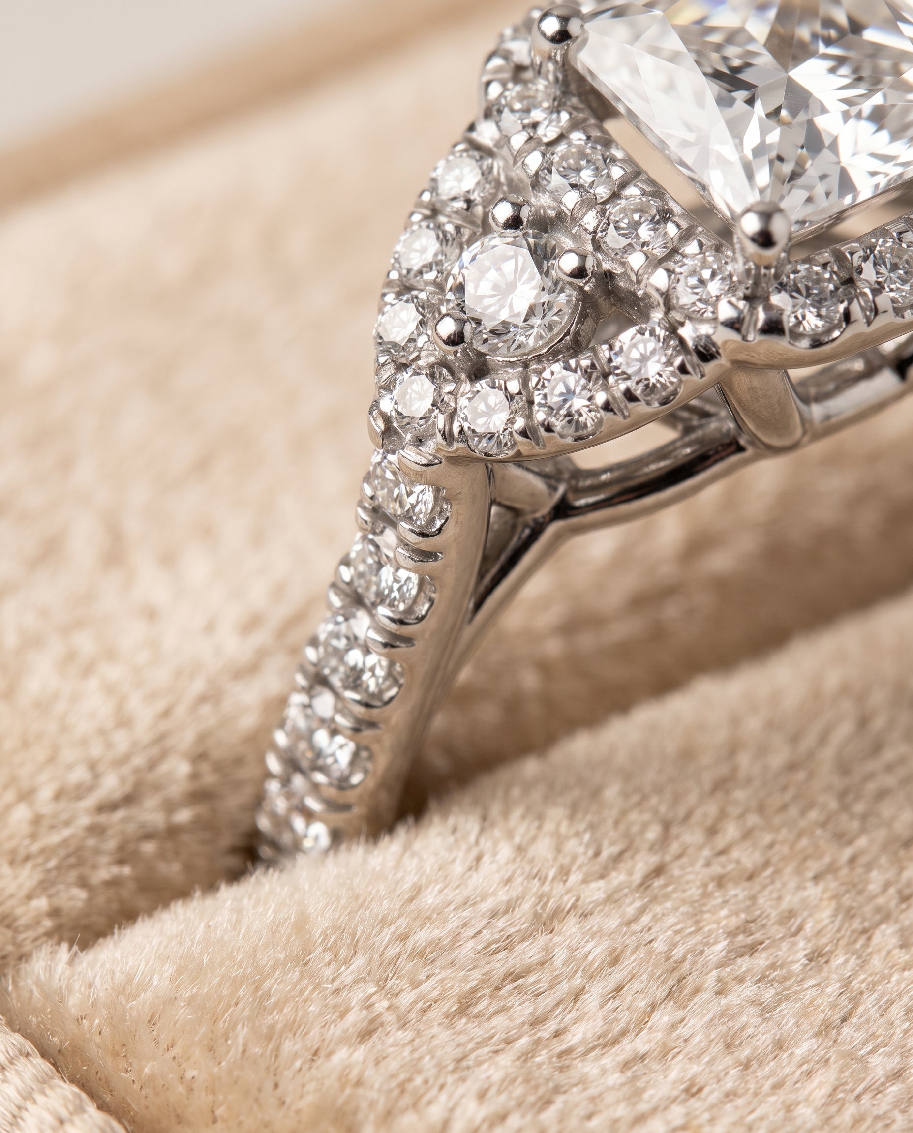 The Jennifer Delicate Three Stone Halo Princess Cut Engagement Ring Setting in Platinum
