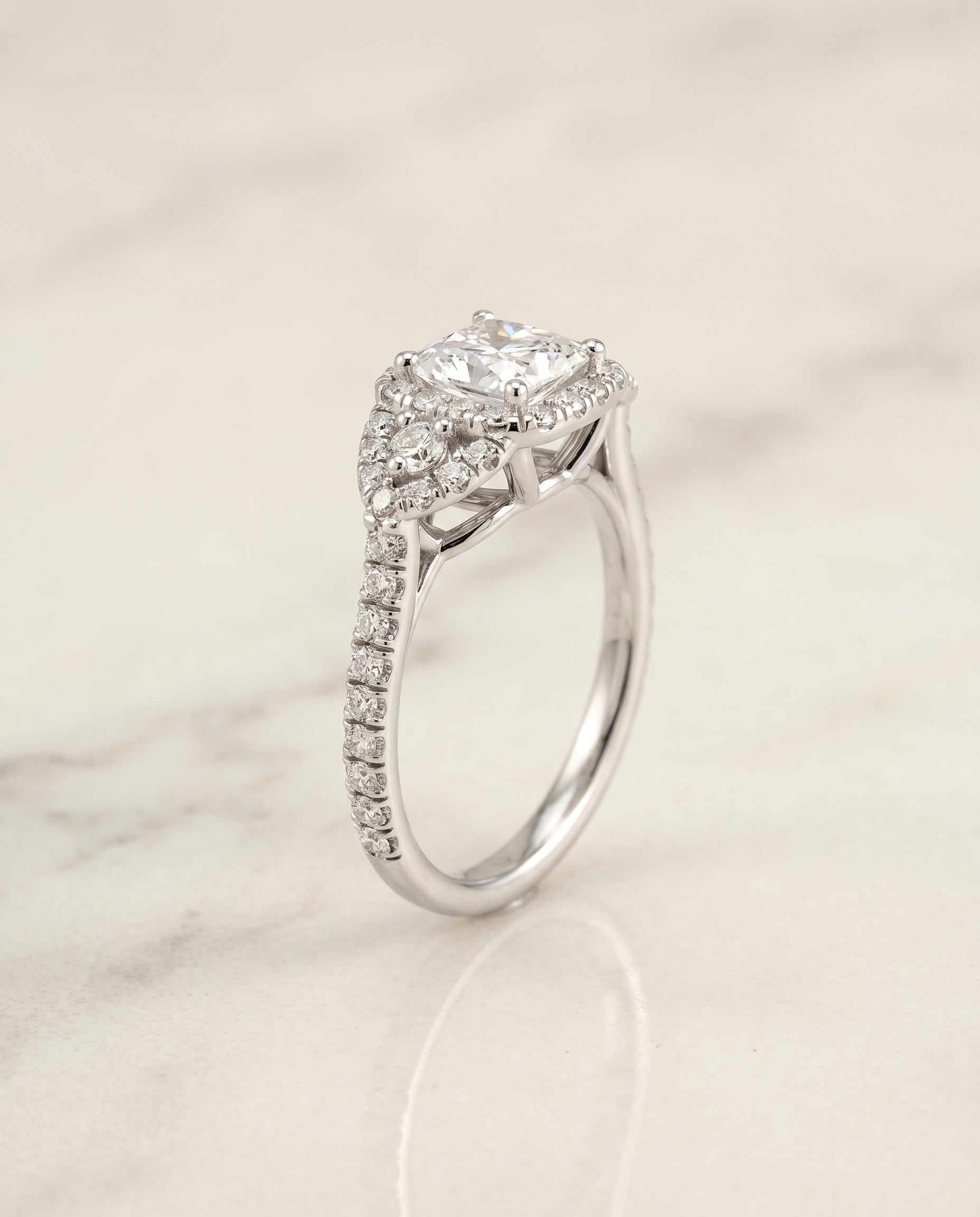 The Jennifer Delicate Three Stone Halo Princess Cut Engagement Ring Setting in Platinum