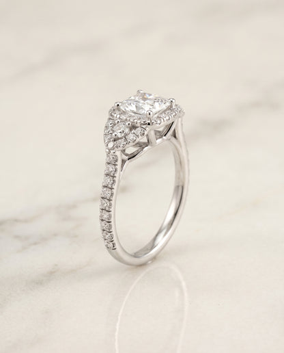 The Jennifer Delicate Three Stone Halo Princess Cut Engagement Ring Setting in Platinum
