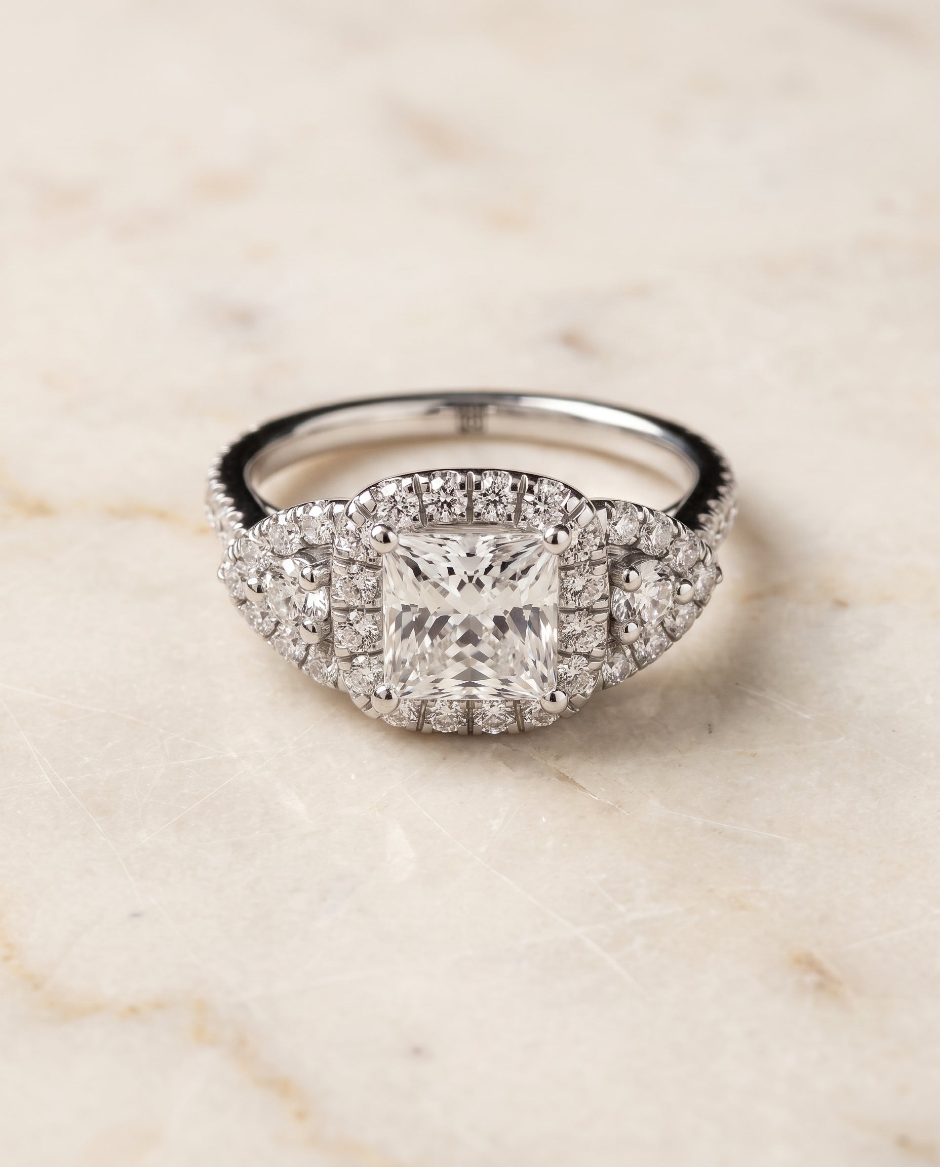 The Jennifer Delicate Three Stone Halo Princess Cut Engagement Ring Setting in Platinum