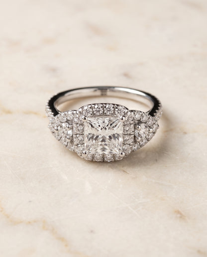 The Jennifer Delicate Three Stone Halo Princess Cut Engagement Ring Setting in Platinum