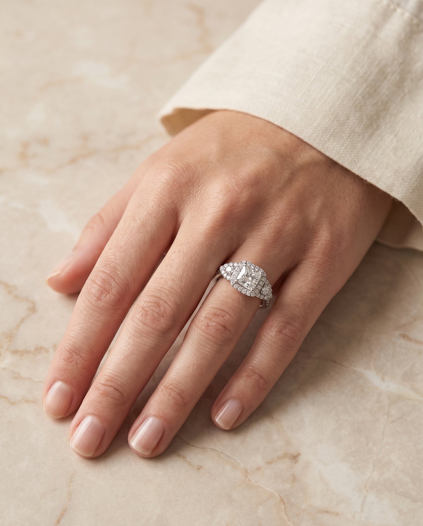 The Jennifer Delicate Three Stone Halo Princess Cut Engagement Ring Setting in Platinum