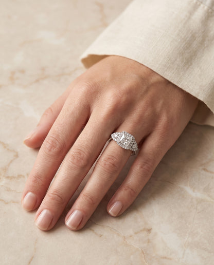 The Jennifer Delicate Three Stone Halo Princess Cut Engagement Ring Setting in Platinum