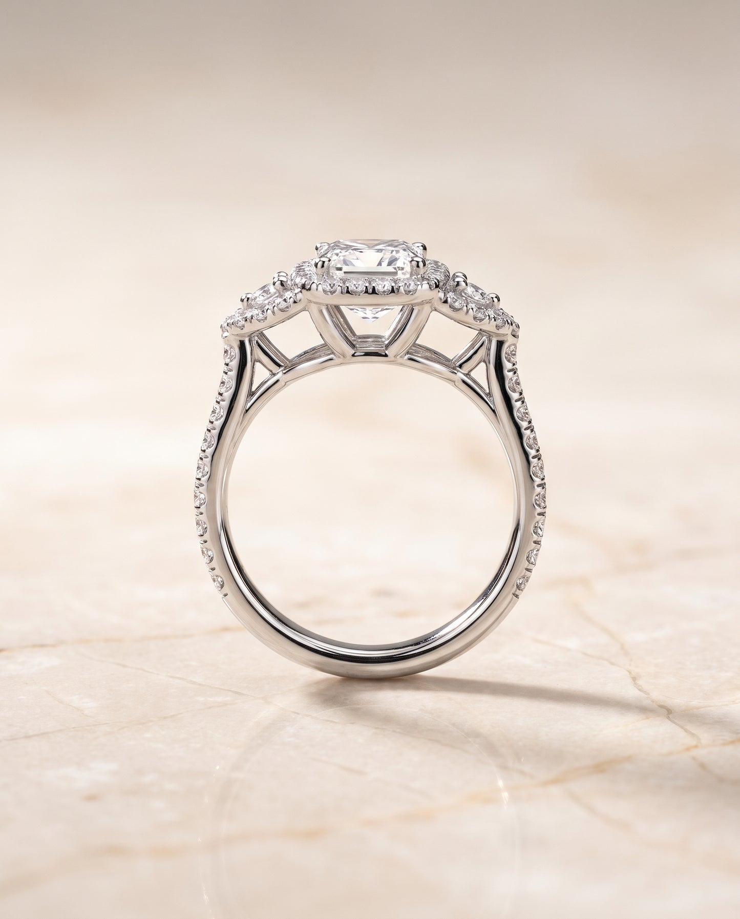 The Jennifer Delicate Three Stone Halo Princess Cut Engagement Ring Setting in Platinum