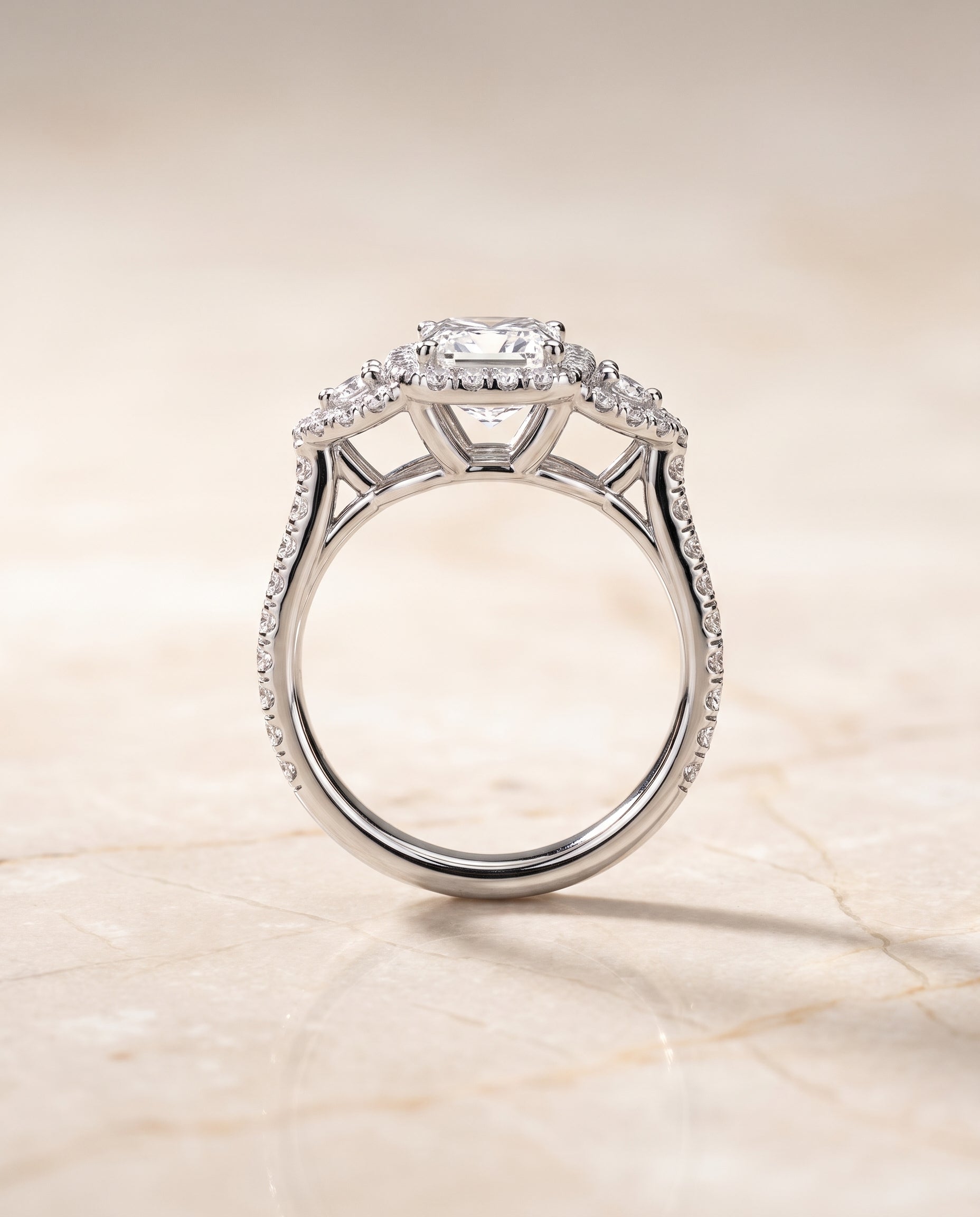 The Jennifer Delicate Three Stone Halo Princess Cut Engagement Ring Setting in Platinum