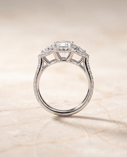 The Jennifer Delicate Three Stone Halo Princess Cut Engagement Ring Setting in Platinum