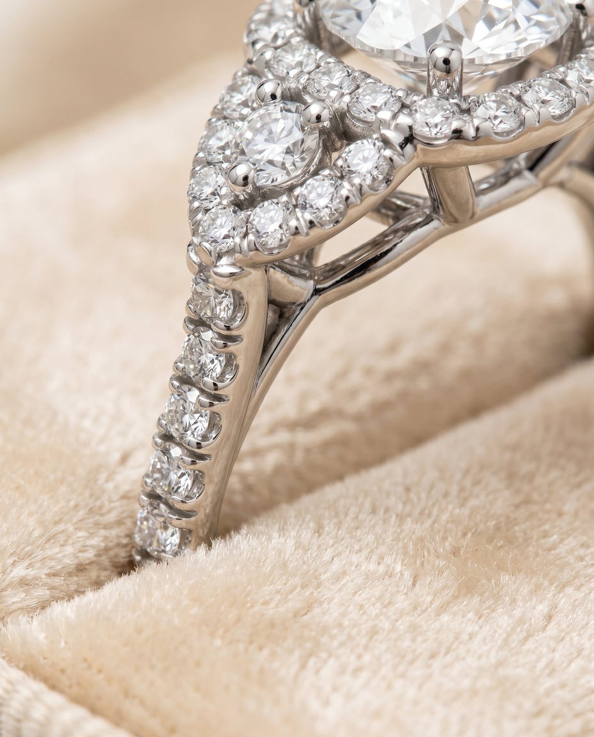 Jennifer Select Three Stone Round Lab Diamond Engagement Ring in Platinum, detail view | RockHer
