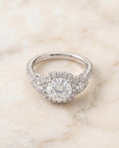 The Jennifer Delicate Three Stone Halo Round Engagement Ring Setting in Platinum