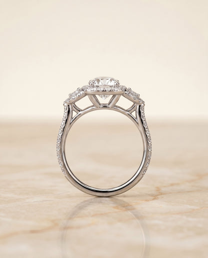 The Jennifer Delicate Three Stone Halo Round Engagement Ring Setting in Platinum