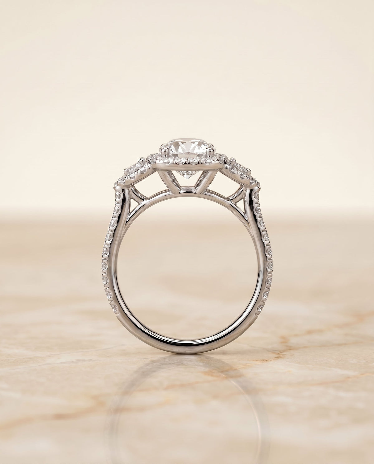 Jennifer Select Three Stone Round Lab Diamond Engagement Ring in 18K White Gold, side view | RockHer