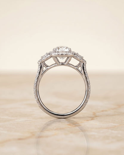 Jennifer Select Three Stone Round Lab Diamond Engagement Ring in Platinum, side view | RockHer