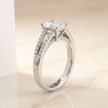 The Jessie Split Shank French Pavé Radiant Cut Engagement Ring Setting in Platinum