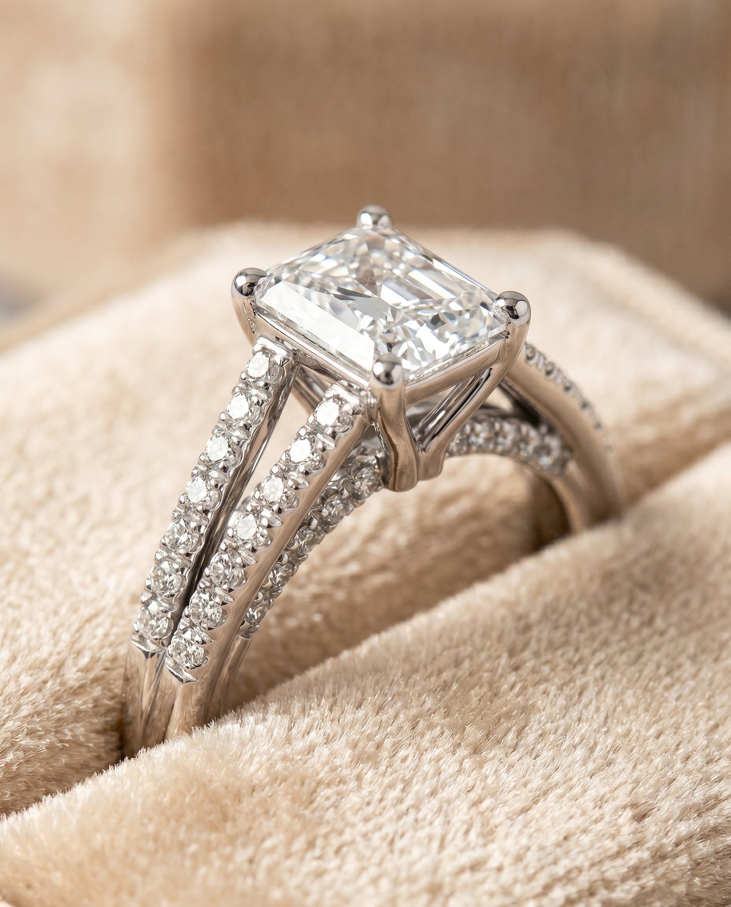 Jessie Select Split Shank French Pavé Radiant Cut Lab Diamond Engagement Ring in Platinum, detail view | RockHer