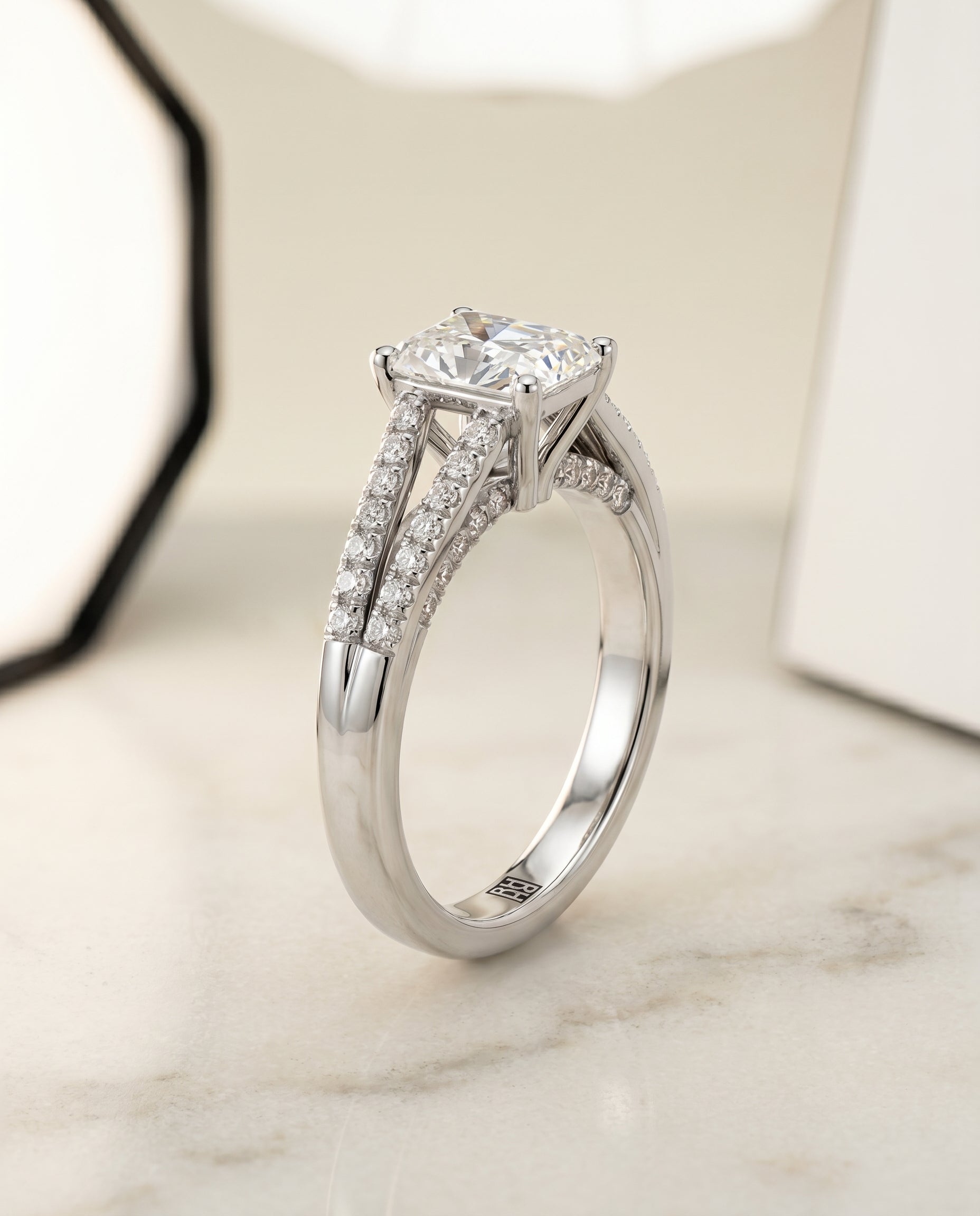 Jessie Select Split Shank French Pavé Radiant Cut Lab Diamond Engagement Ring in Platinum, front view | RockHer