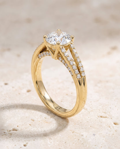 The Jessie Split Shank French Pavé Round Engagement Ring Setting in 18K Yellow Gold