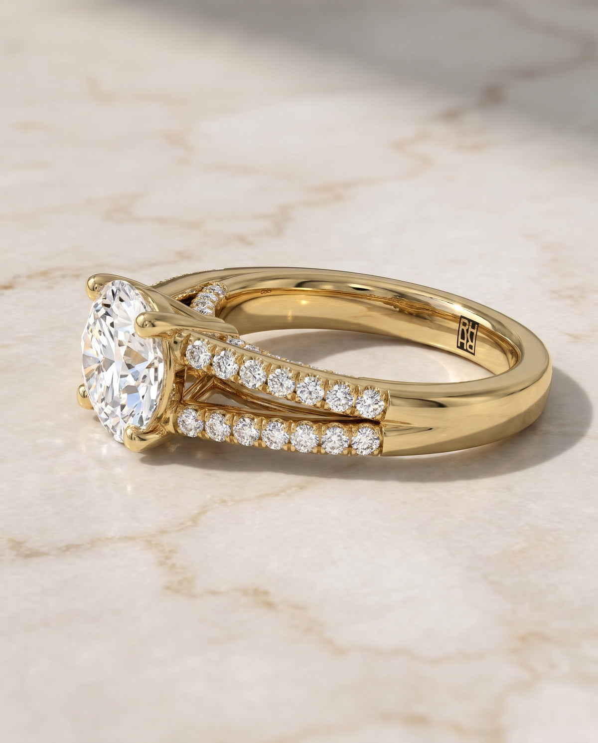 The Jessie Split Shank French Pavé Round Engagement Ring Setting in 18K Yellow Gold