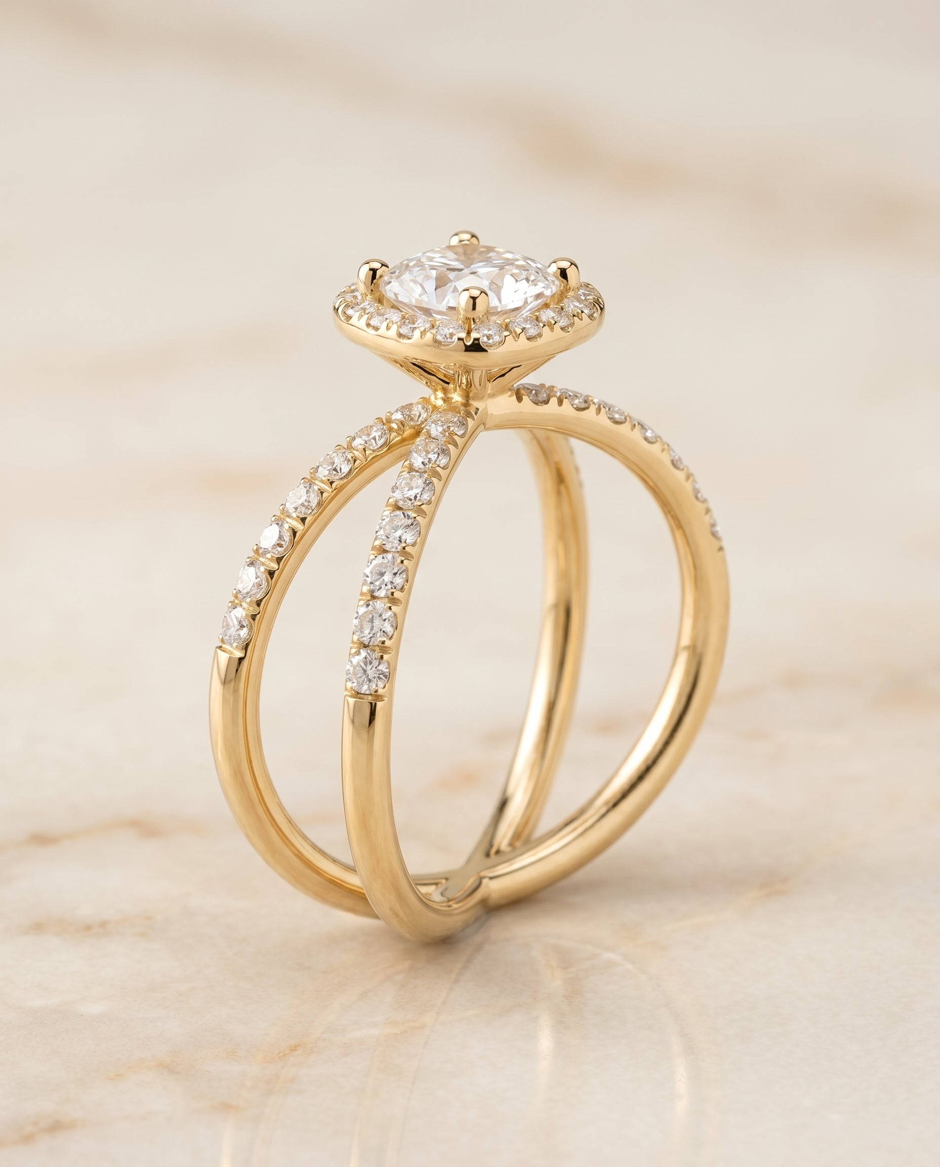 The Joan crossover pavé halo cut engagement ring setting, shown in 18K Yellow Gold | RockHer