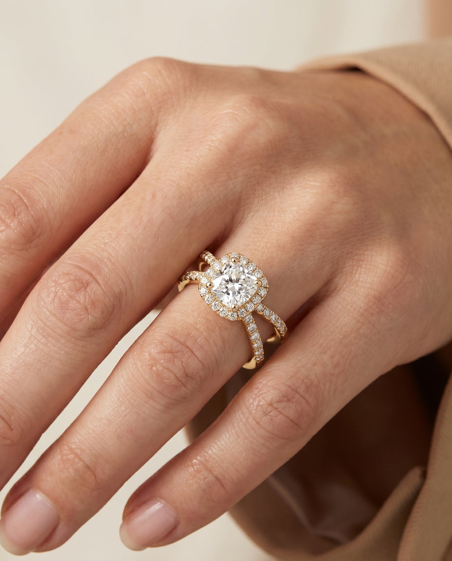 The Joan Pavé Halo Engagement Ring Setting for Cushion Diamonds in 18K Yellow Gold