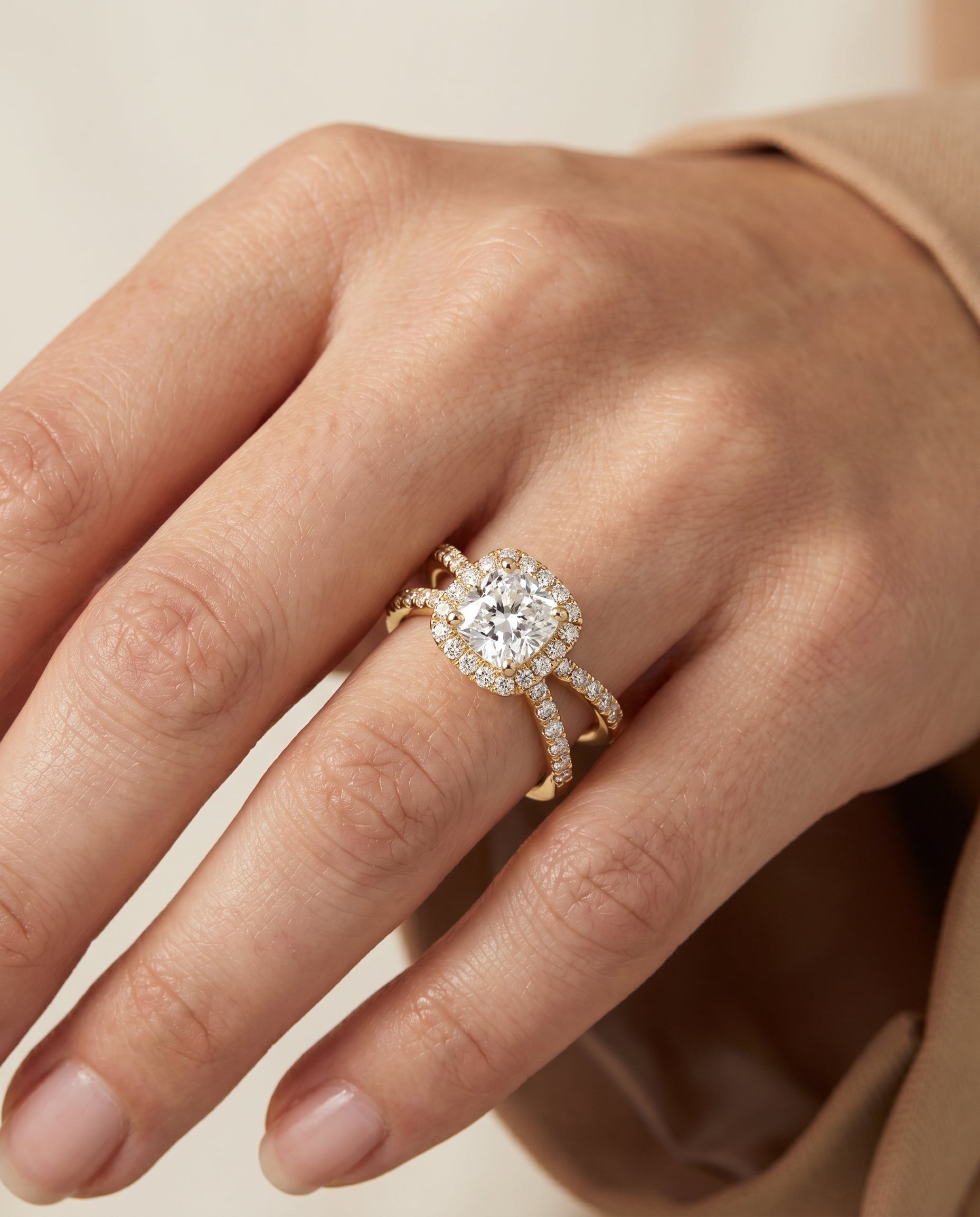 The Joan engagement ring setting in 18K Yellow Gold, crossover pavé halo cut design | RockHer