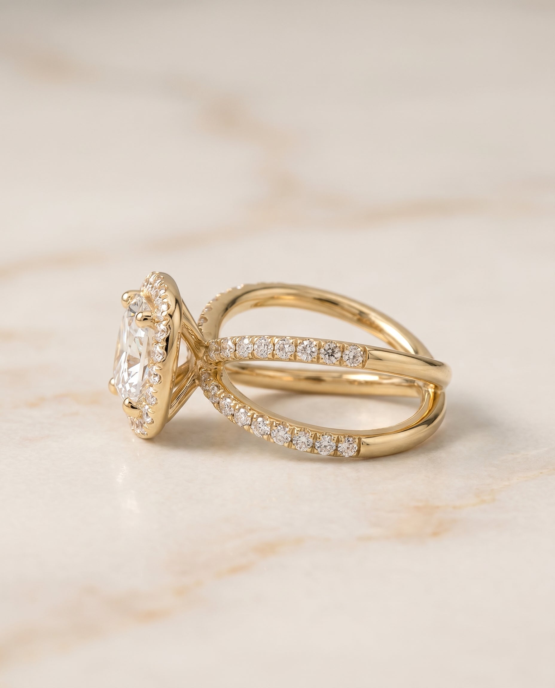 Joan Select Crossover Pavé Halo Cushion Cut Lab Diamond Engagement Ring in 18K Yellow Gold, side view | RockHer