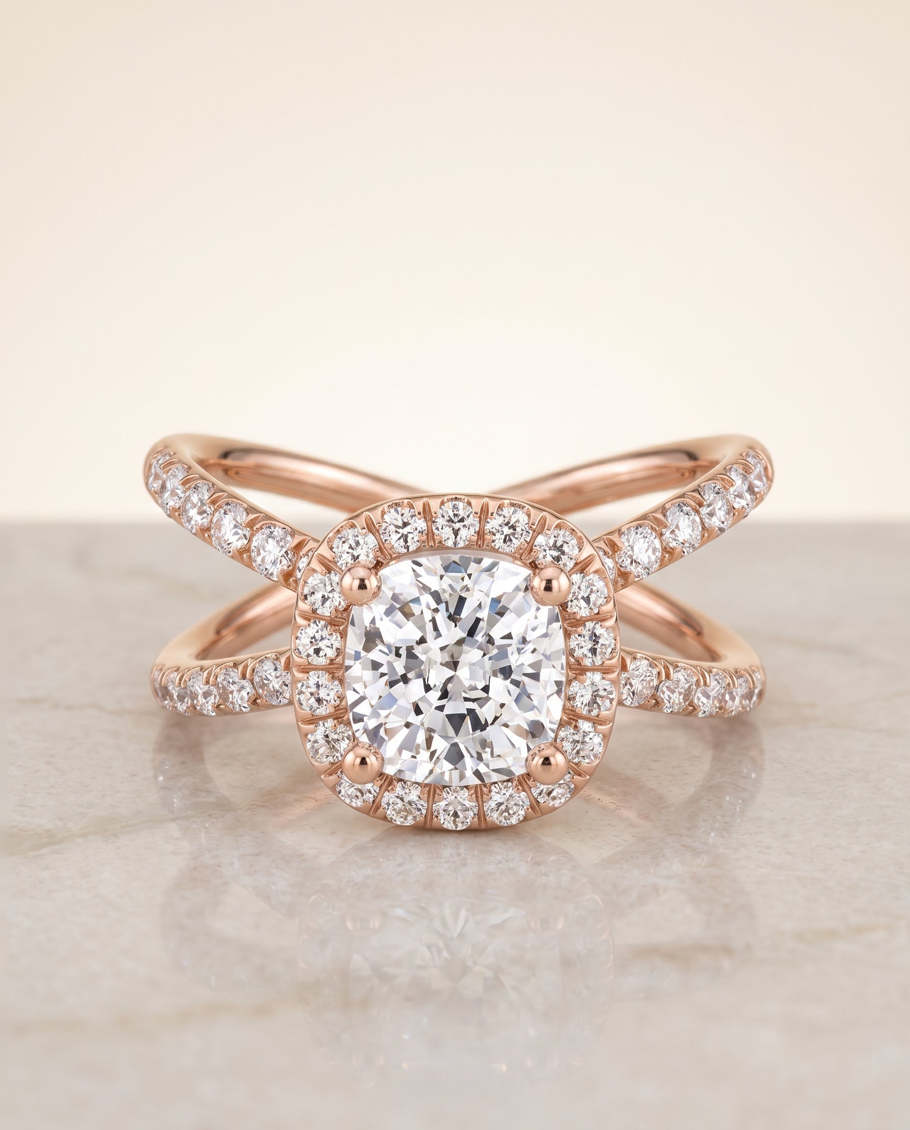 The Joan Crossover Pavé Halo Cushion Cut Engagement Ring Setting in 14K Rose Gold