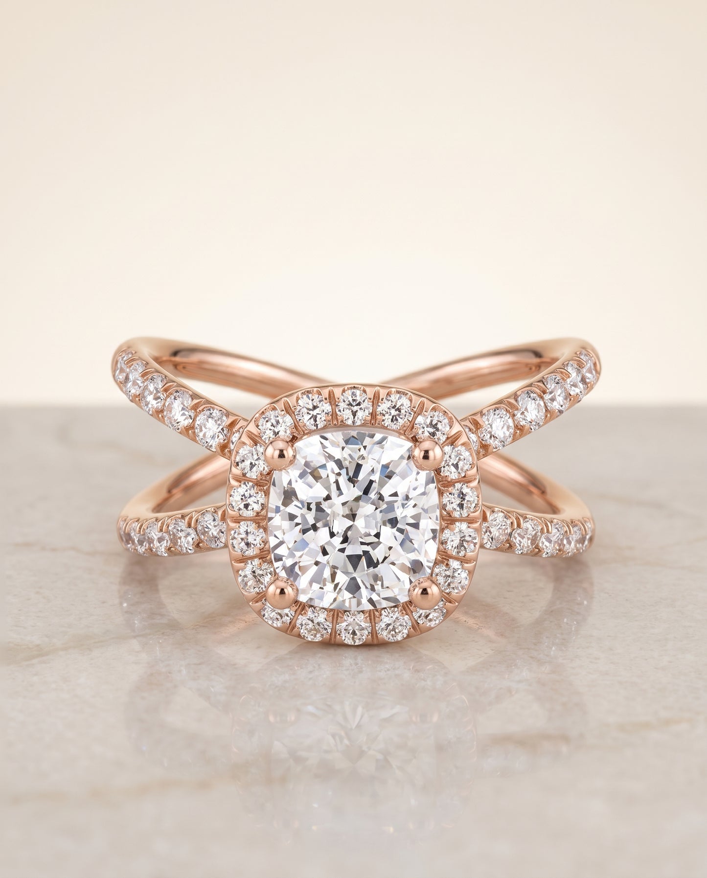 The Joan Crossover Pavé Halo Cushion Cut Engagement Ring Setting in 14K Rose Gold