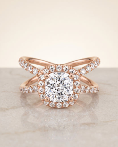 The Joan Crossover Pavé Halo Cushion Cut Engagement Ring Setting in 14K Rose Gold