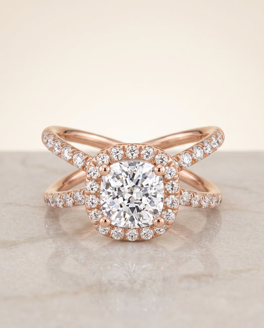 The Joan Crossover Pavé Halo Cushion Cut Engagement Ring Setting in 14K Rose Gold