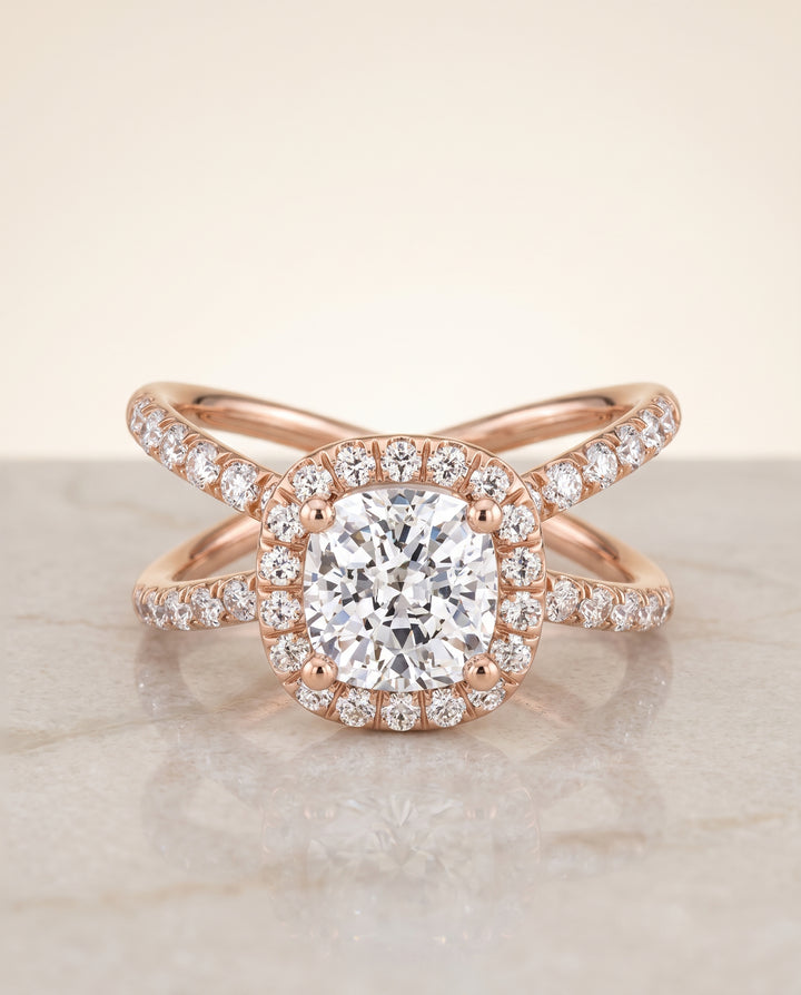 The Joan Crossover Pavé Halo Cushion Cut Engagement Ring Setting in 14K Rose Gold