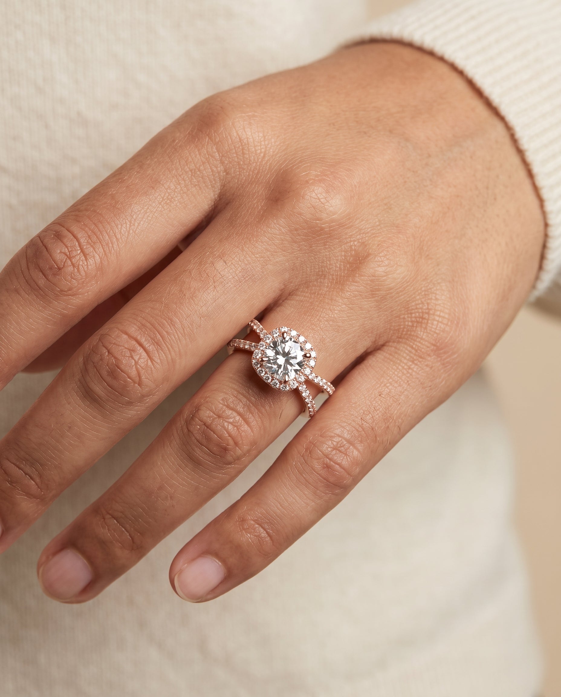 The Joan engagement ring setting in 14K Rose Gold, crossover pavé halo cut design | RockHer