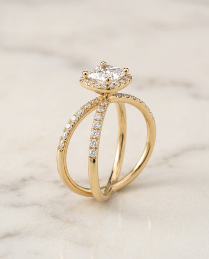The Joan Crossover Pavé Halo Princess Cut Engagement Ring Setting in 18K Yellow Gold
