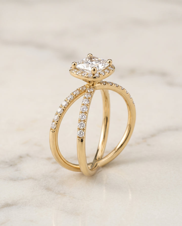 The Joan Crossover Pavé Halo Princess Cut Engagement Ring Setting in 18K Yellow Gold