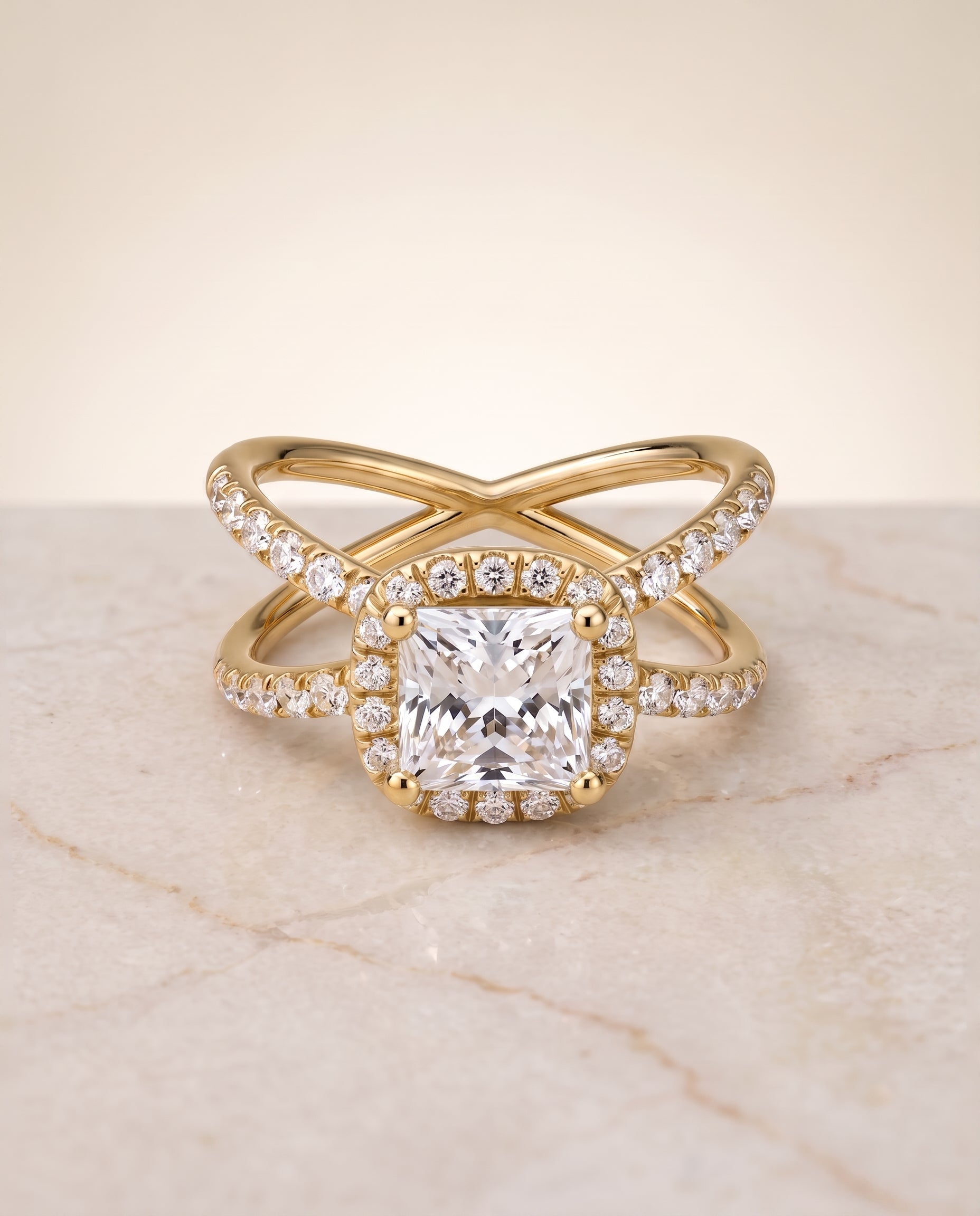The Joan Crossover Pavé Halo Princess Cut Engagement Ring Setting in 18K Yellow Gold