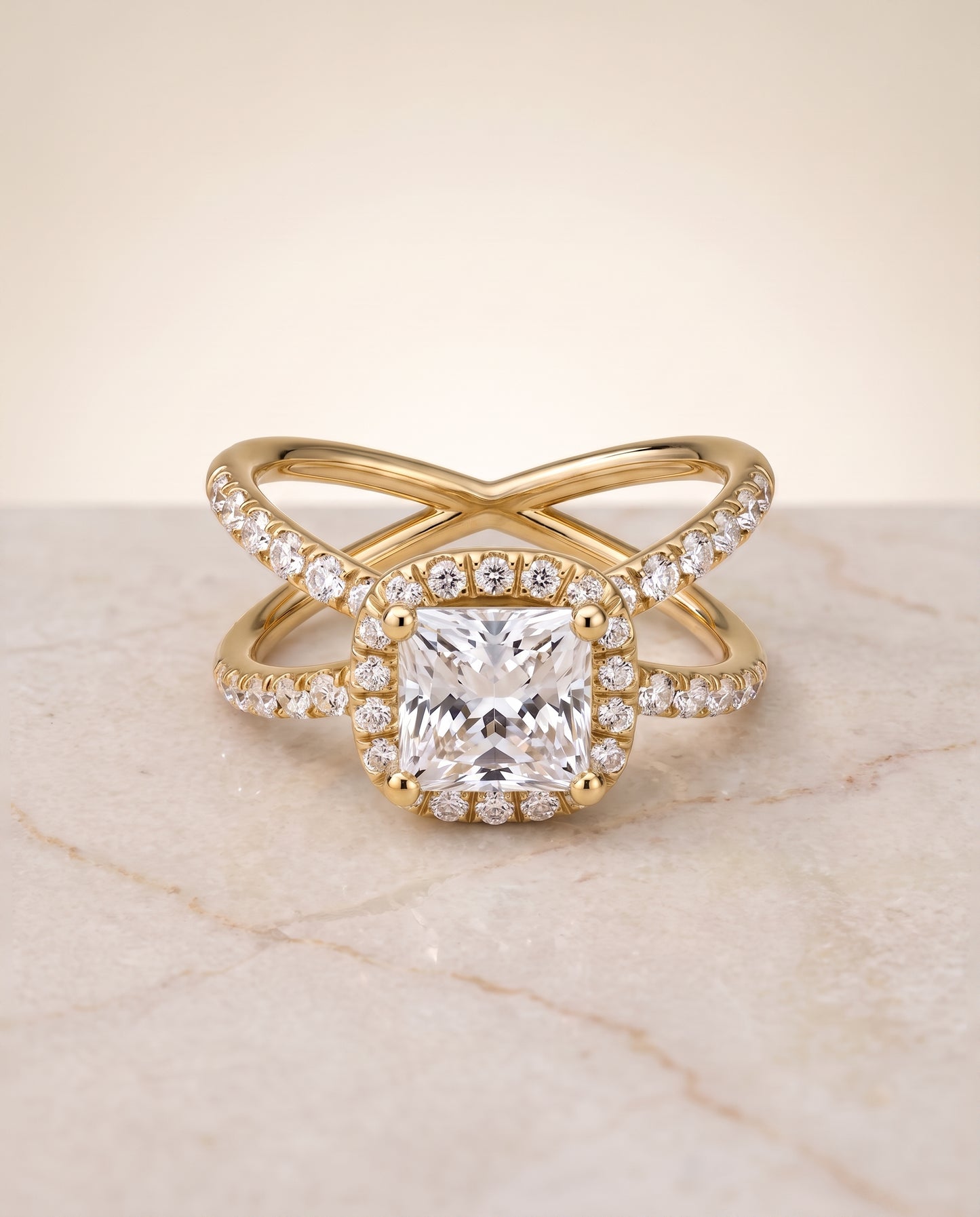 The Joan Crossover Pavé Halo Princess Cut Engagement Ring Setting in 18K Yellow Gold