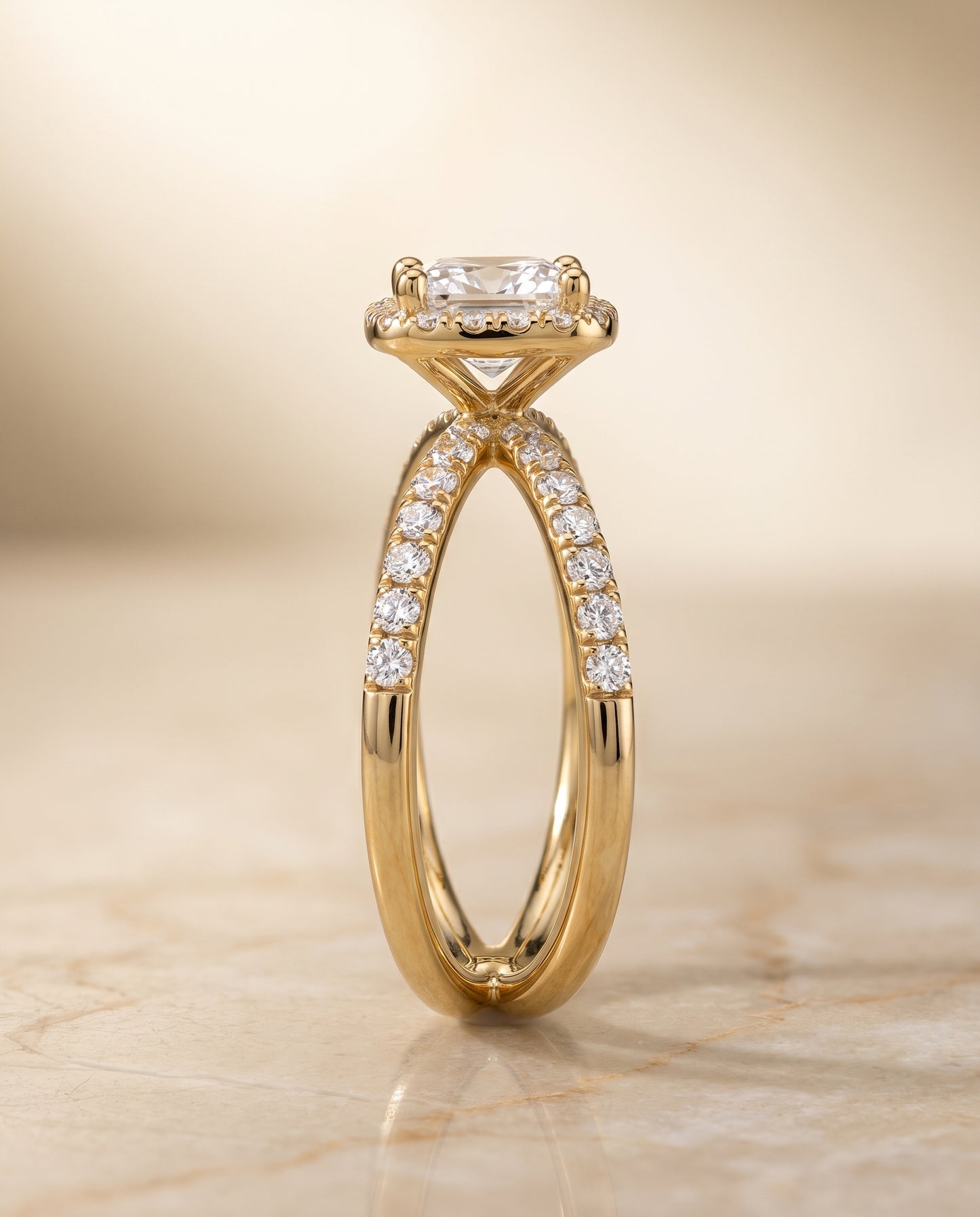 The Joan Crossover Pavé Halo Princess Cut Engagement Ring Setting in 18K Yellow Gold