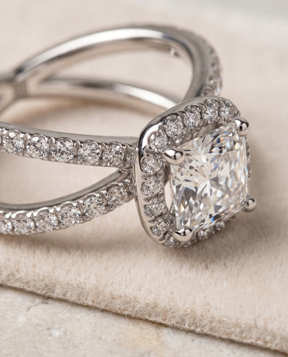 The Joan Crossover Pavé Halo Princess Cut Engagement Ring Setting in Platinum