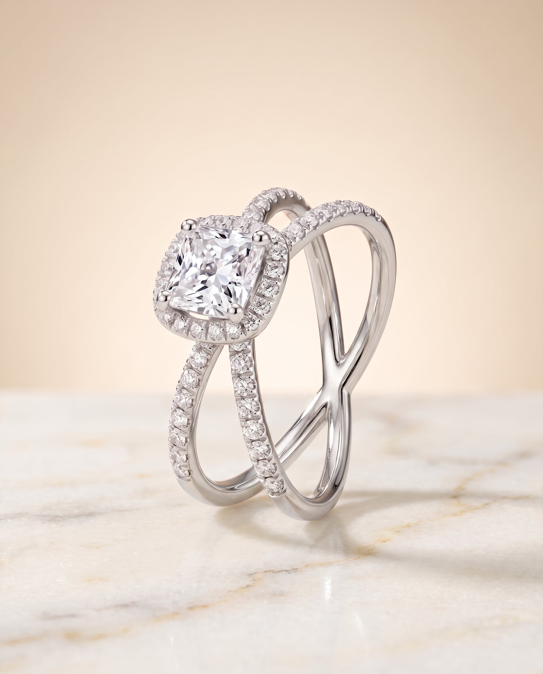 Crossover Pavé Halo styling on The Joan princess engagement ring setting | RockHer