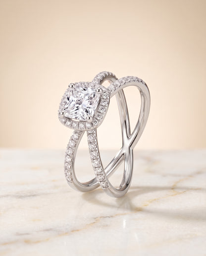 The Joan Crossover Pavé Halo Princess Cut Engagement Ring Setting in Platinum