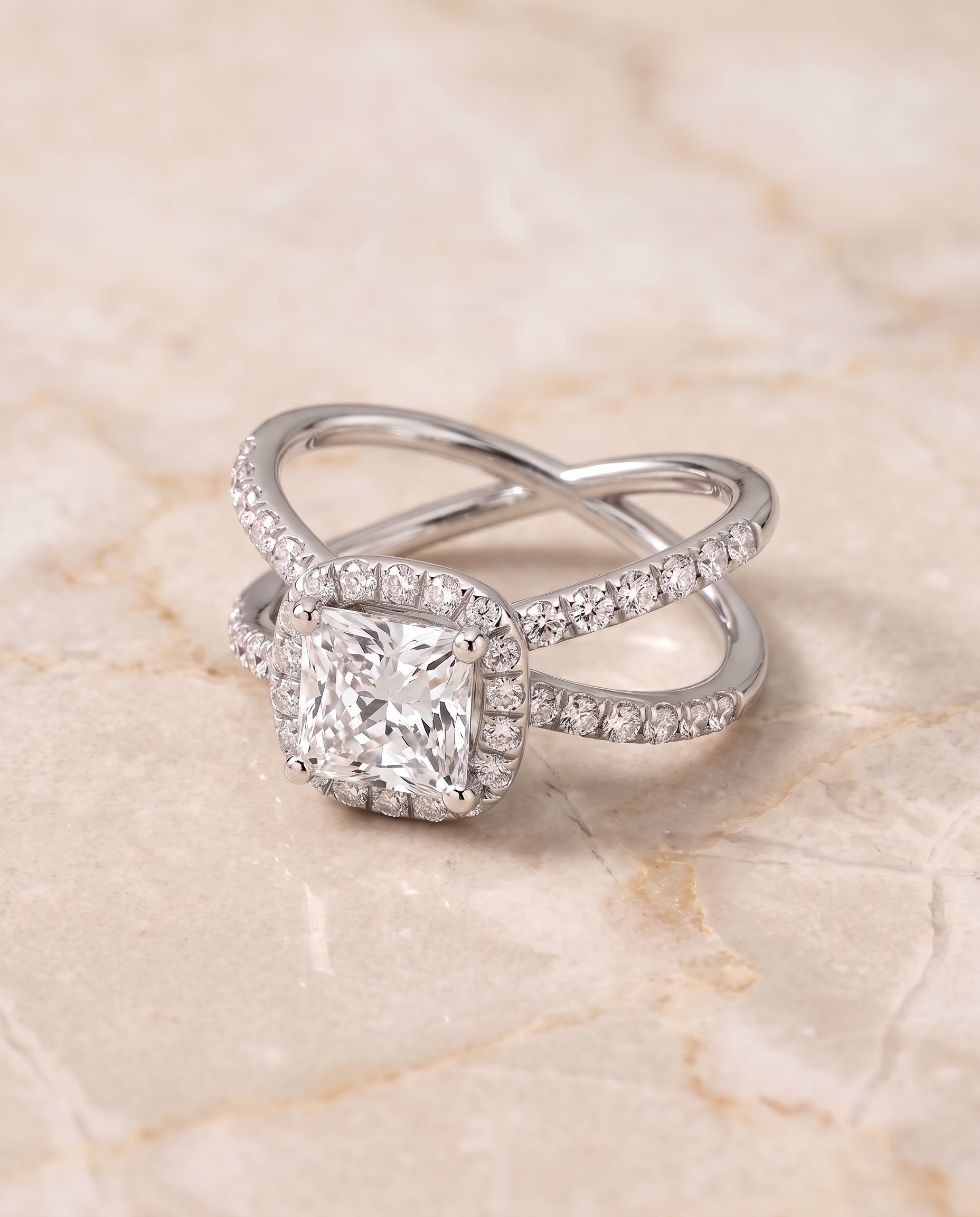 The Joan Crossover Pavé Halo Princess Cut Engagement Ring Setting in Platinum
