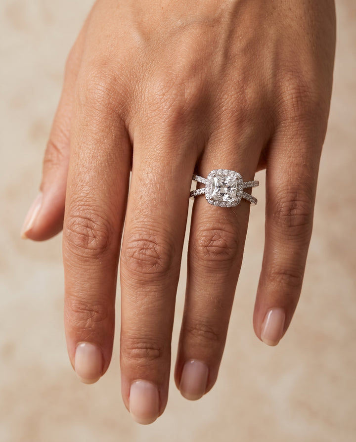 The Joan Crossover Pavé Halo Princess Cut Engagement Ring Setting in Platinum