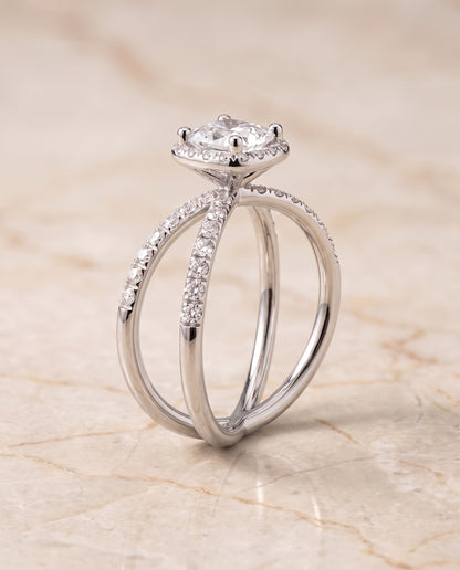 The Joan Crossover Pavé Halo Princess Cut Engagement Ring Setting in Platinum